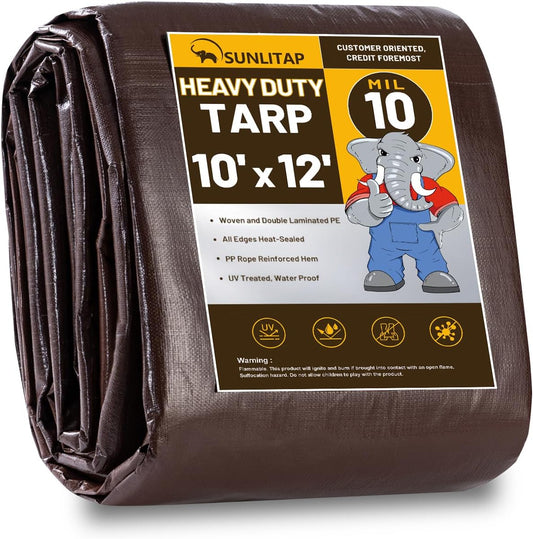 10 Mil Heavy Duty Waterproof Tarps, 10x12 Ft Finished Size Tarps, Premium Tarp with Metal Grommets & Reinforced Edge, Multipurpose Thick Poly Tarp for Car, Boat, Roof, Camping - Brown