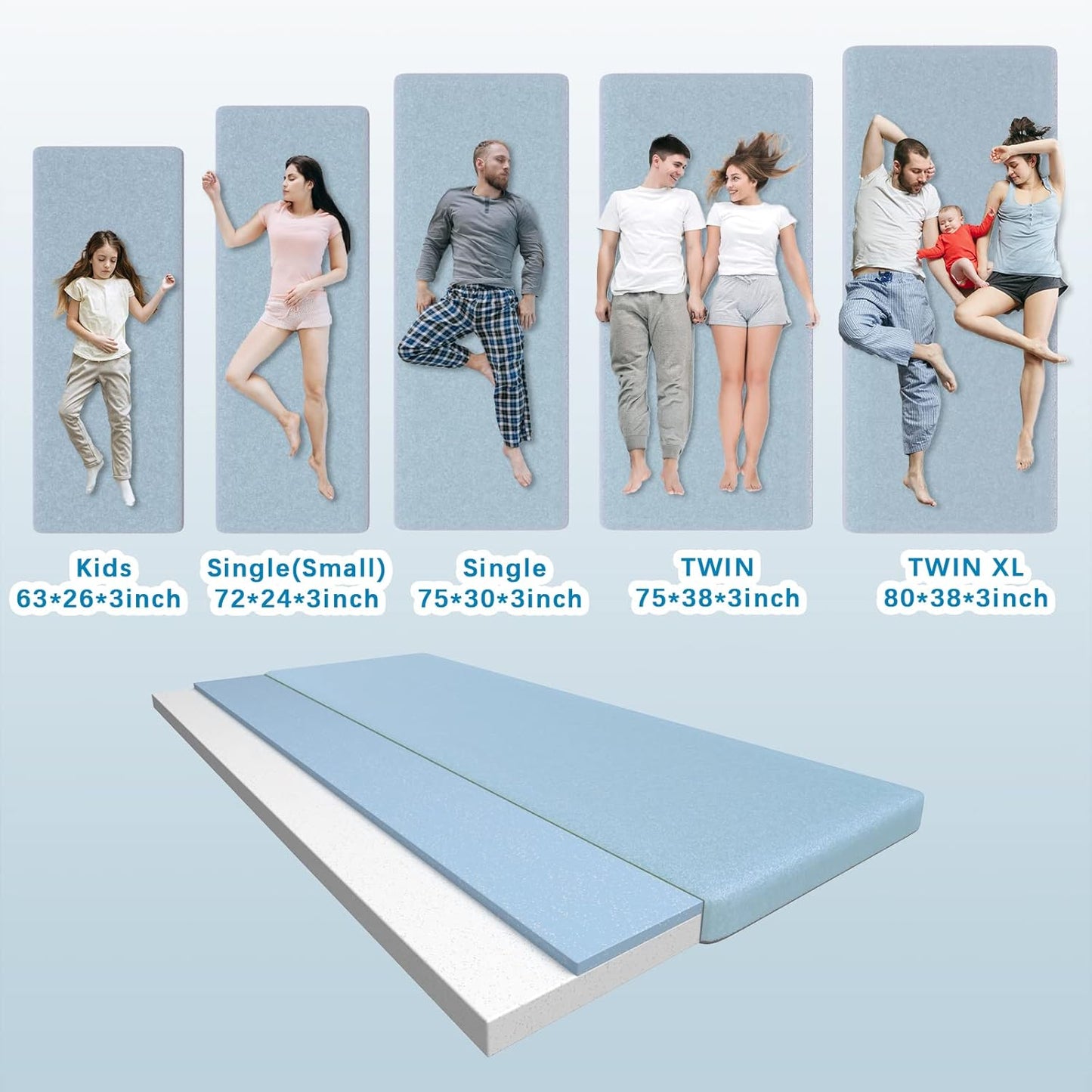 KingChii CertiPUR-US Memory Foam Camping Mattress, Portable Roll Up Travel Car Camping Mattress Sleeping Pad & Floor Mattress, Cot Mattress Guest Bed for Sleepover with Waterproof Cover & Travel Bag