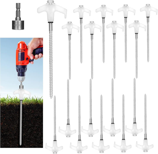 18 Tent Stakes Heavy Duty Metal Tent Stakes Screw in Camping Stakes with Luminous Head Ground Anchor Pegs Threaded Tent Spikes with Hex Head Driver and Storage Box