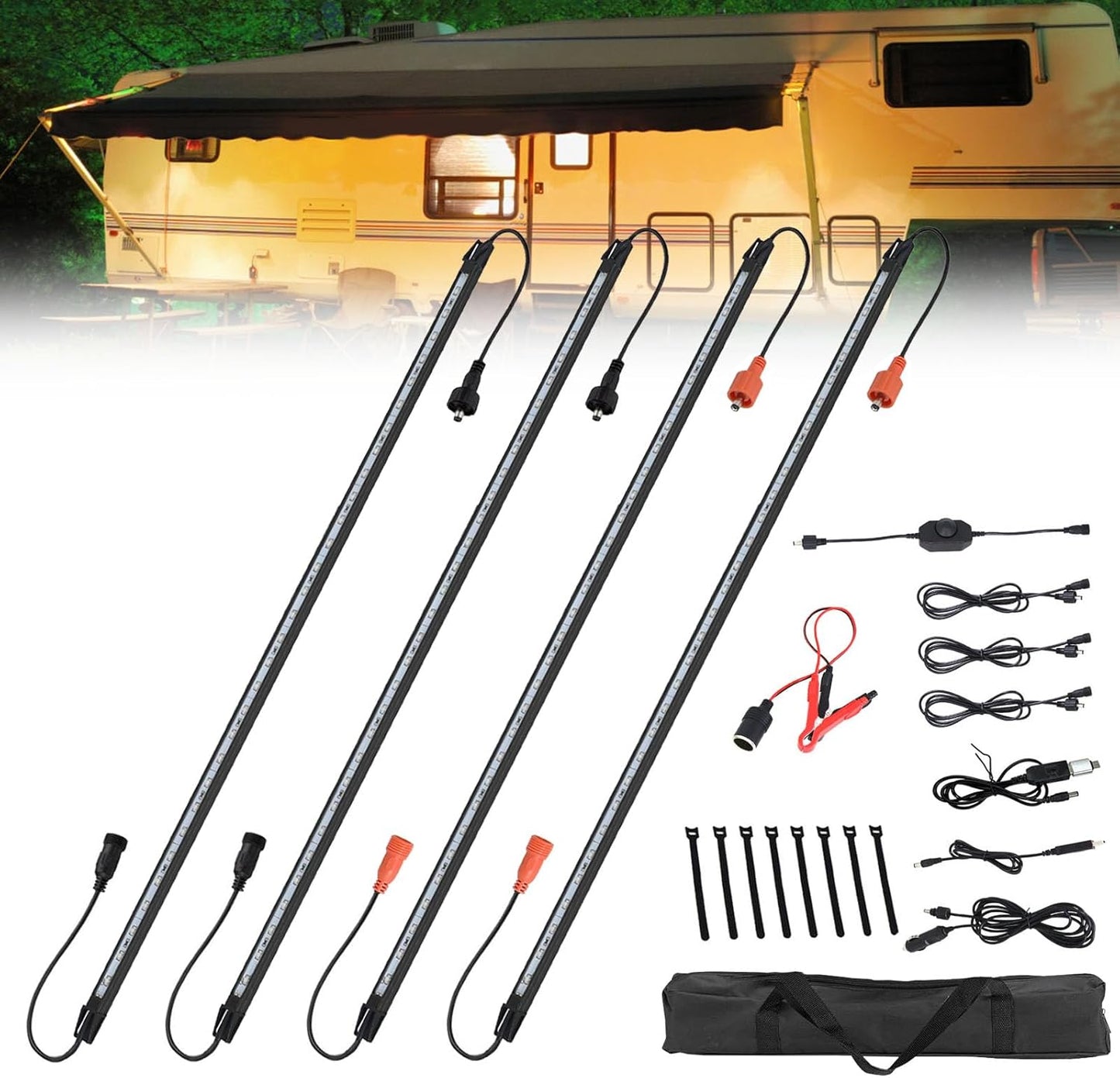 12V LED Interior Light Bar Kit Dimmable IP67 Waterproof Camping String Lights, Aluminum Magnetic Mount Exterior Lights,Portable Lighting for RV, Camping Tent Car Trailer Boat (4 Pack)