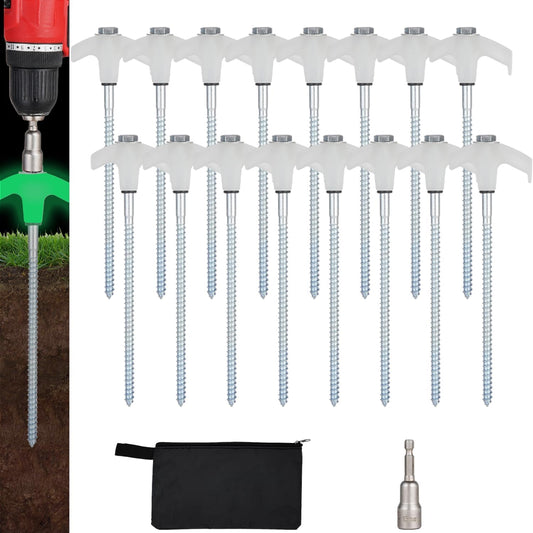 16 Pack Screw in Tent Stakes Heavy Duty,8 Inch Ground Anchors Screw in,Metal Stakes with Hex Head Driver,Camping Tent Accessories.(Luminous White)