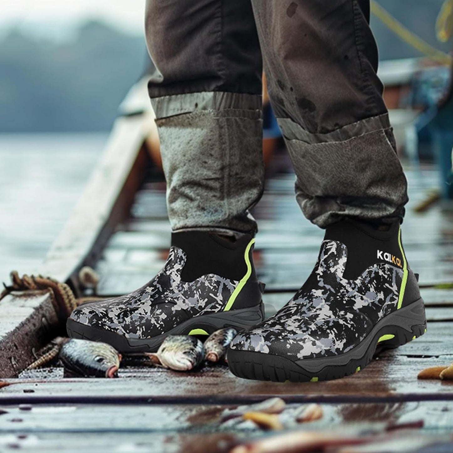 Kalkal Men's Rubber Boots, Waterproof Ankle Rain Boots, Insulated Working Booties with Comfortable Sports Sole, Outdoor Mud Boots for Yard Chore