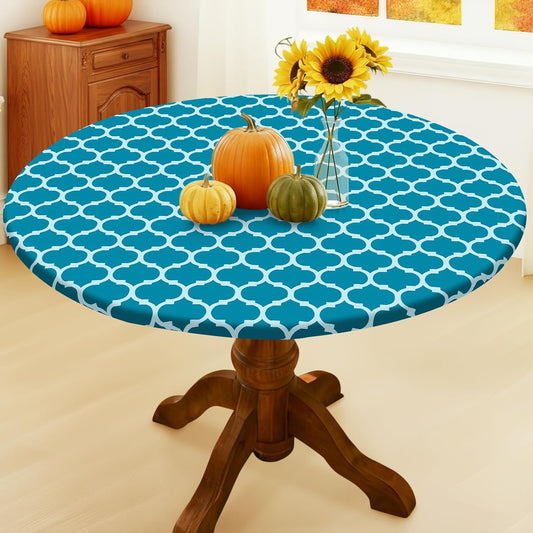 Smiry Round Picnic Tablecloth, Waterproof Elastic Fitted Table Covers for 36" - 44" Tables, Wipeable Flannel Backed Vinyl Tablecloths for Camping, Indoor, Outdoor, Turquoise & White