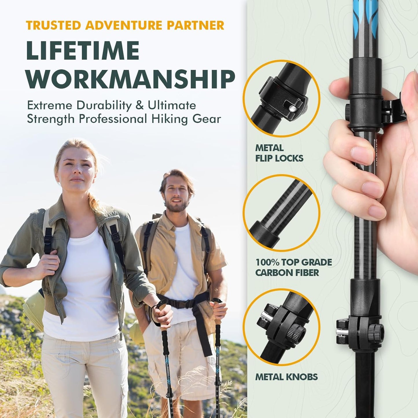 KINGGEAR TPC 100% Carbon Fiber Hiking Poles, Telescopic Retractable Nordic Trekking Poles, Ultra Lightweight Nordic Walking Stick, Metal Flip Locks, Cork and Extended EVA Handle