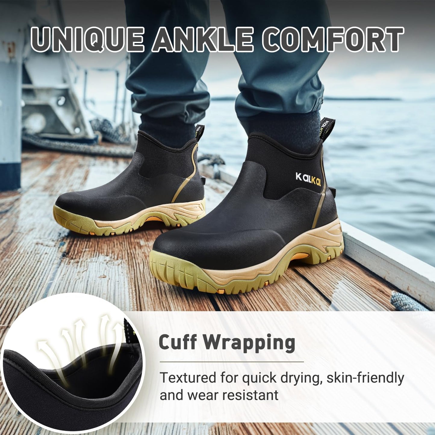 Kalkal Men's Rubber Boots, Waterproof Ankle Rain Boots, Insulated Working Booties with Comfortable Sports Sole, Outdoor Mud Boots for Yard Chore