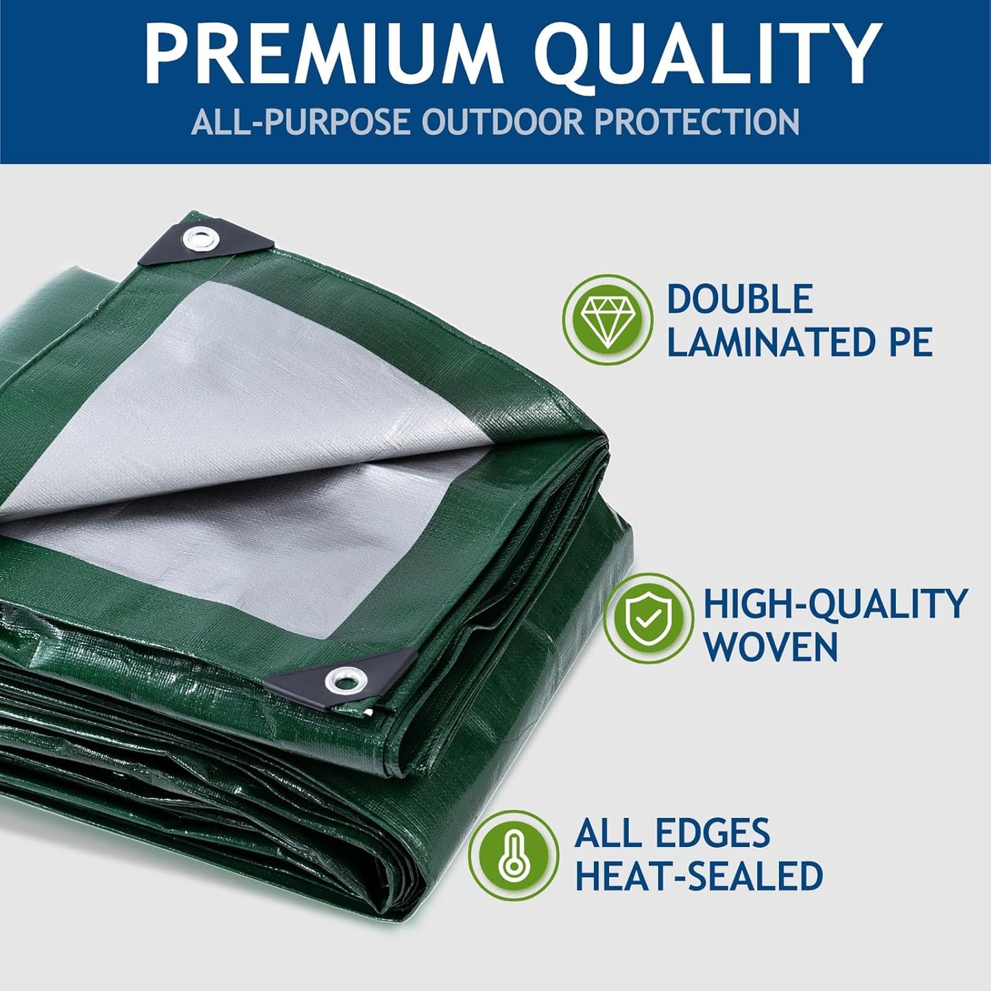 10 Mil Heavy Duty Waterproof Tarps, 10x20 Ft Finished Size Tarps, Premium Tarp with Metal Grommets & Reinforced Edge, Multipurpose Thick Poly Tarp for Car, Boat, Roof, Camping - Green
