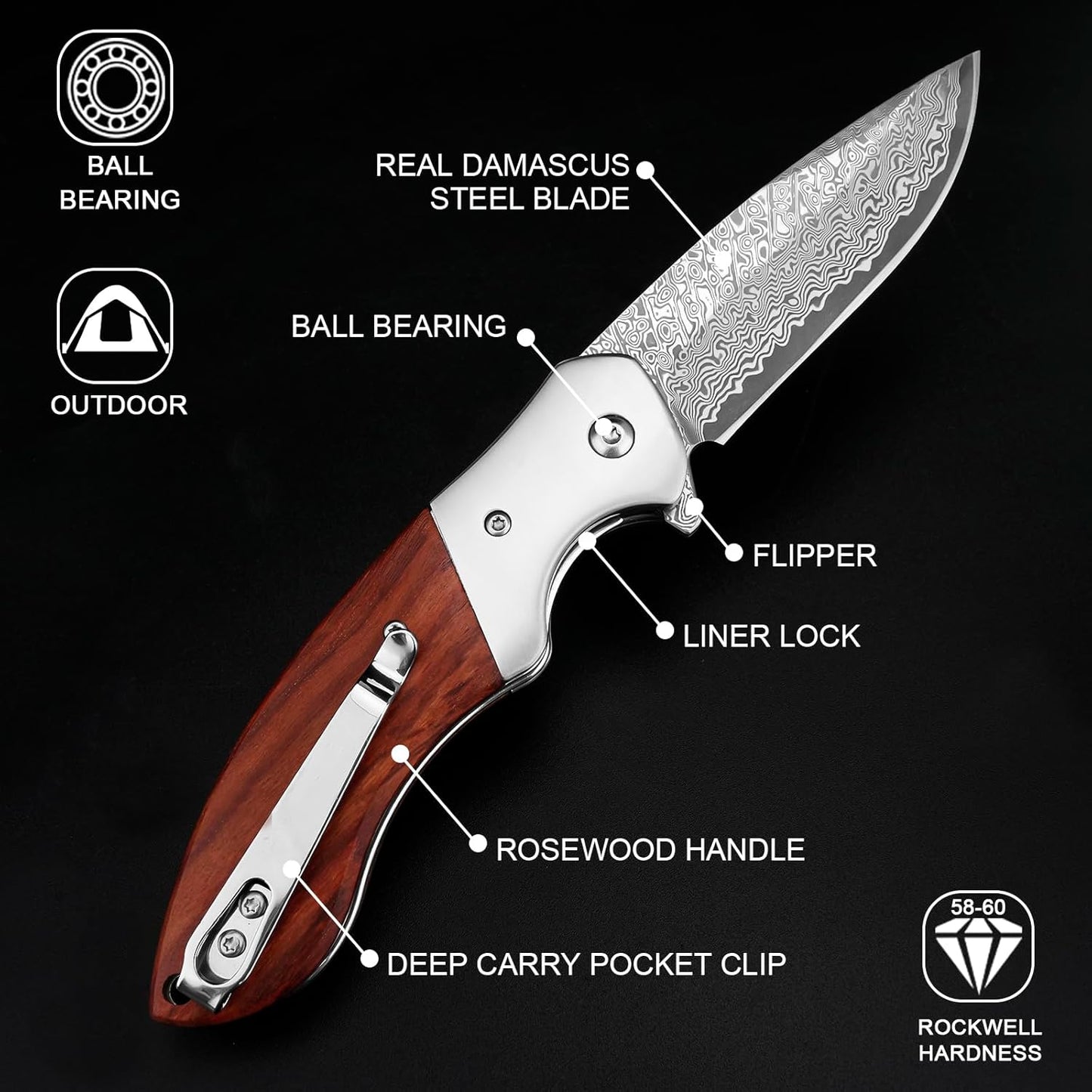 KOMWERO Damascus Pocket Knife, Sharp Damascus Steel Knife with Core VG10 Steel Blade Wood Handle, Folding Knife with Clip for Men Hunting, 60 HRC