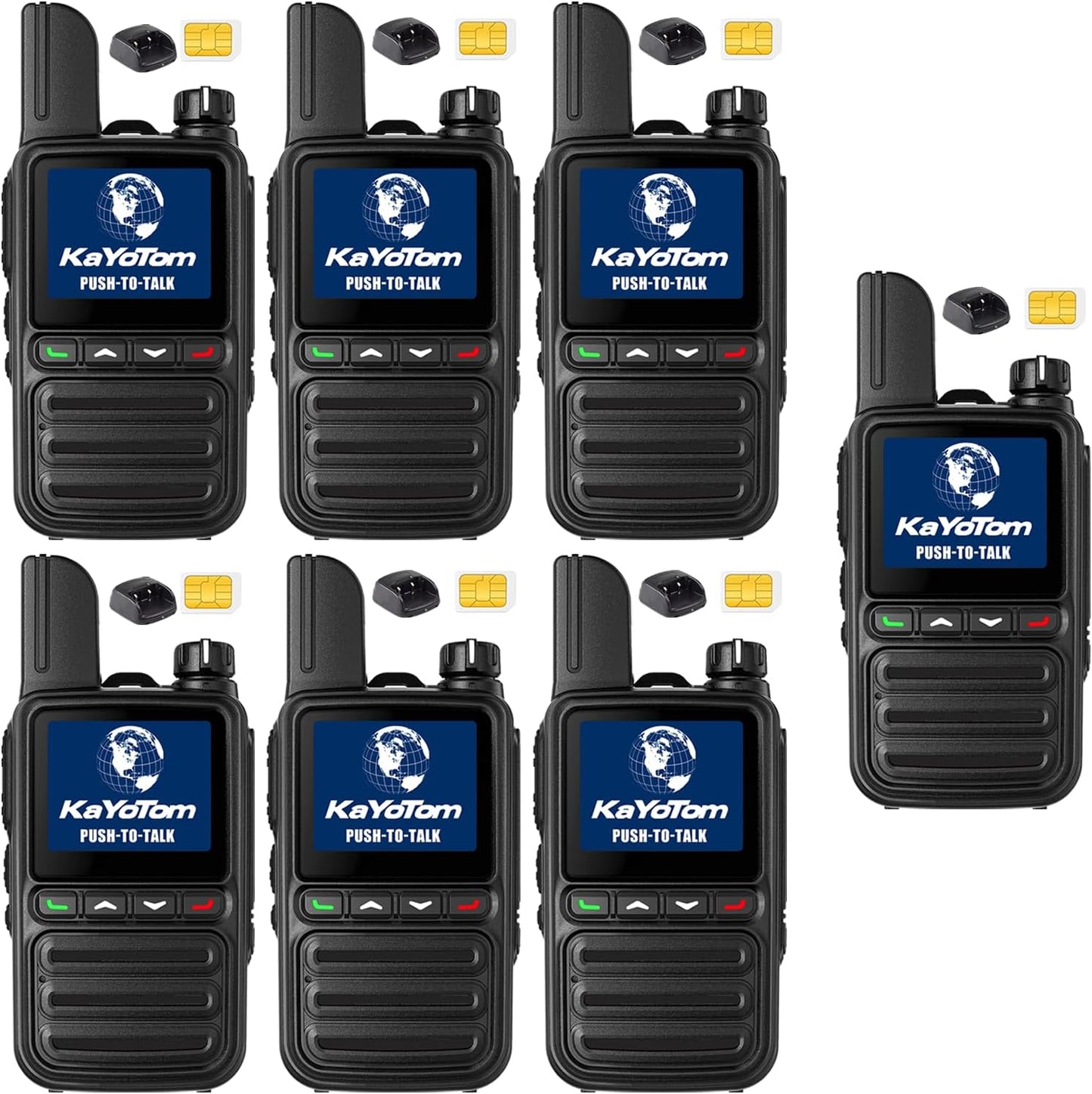 KAYOTOM Global Walkie Talkies Unlimited Range PTT Push-to-Talk Over Cellular Nationwide 5000 Miles POC 4G Handheld Long Range Two Way Radio for Team (with Charge Dock, 7-Packs)