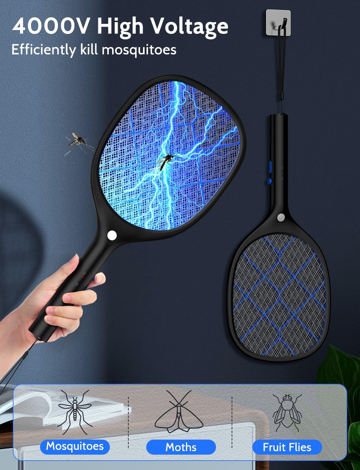 YISSVIC Electric Fly Swatter Bug Zapper Racket 4000V Rechargeable Mosquito Killer with LED Light for Indoor Home Office Backyard Patio Camping