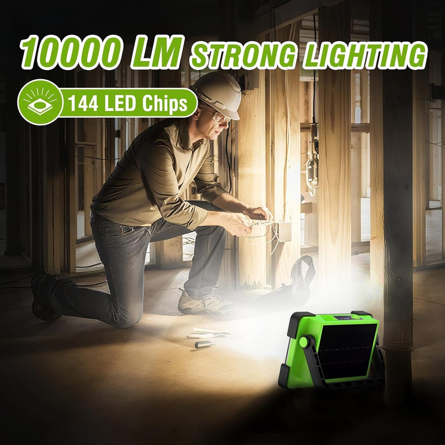 120W Solar Rechargeable Work Light, 144 LED 10000LM Led Work Light with 4 Modes, Portable Flood Light with Stand, IP66 Waterproof Outdoor Working Light for Emergency Mechanic Camping Repair