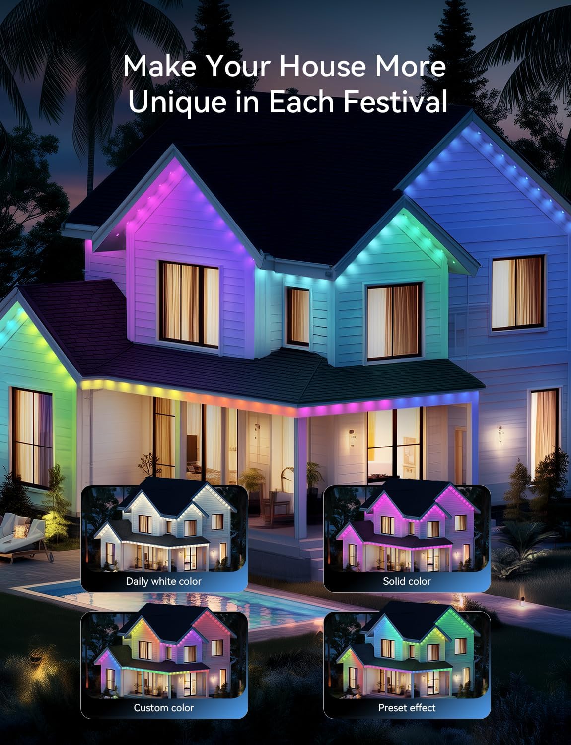 100FT Permanent Outdoor Lights for House -Eaves Lights with 50 IC+RGBCW LED IP67 Waterproof, Smart Outside LED Christmas Light with App/Remote, Eternity Lighting for Holiday/Daily