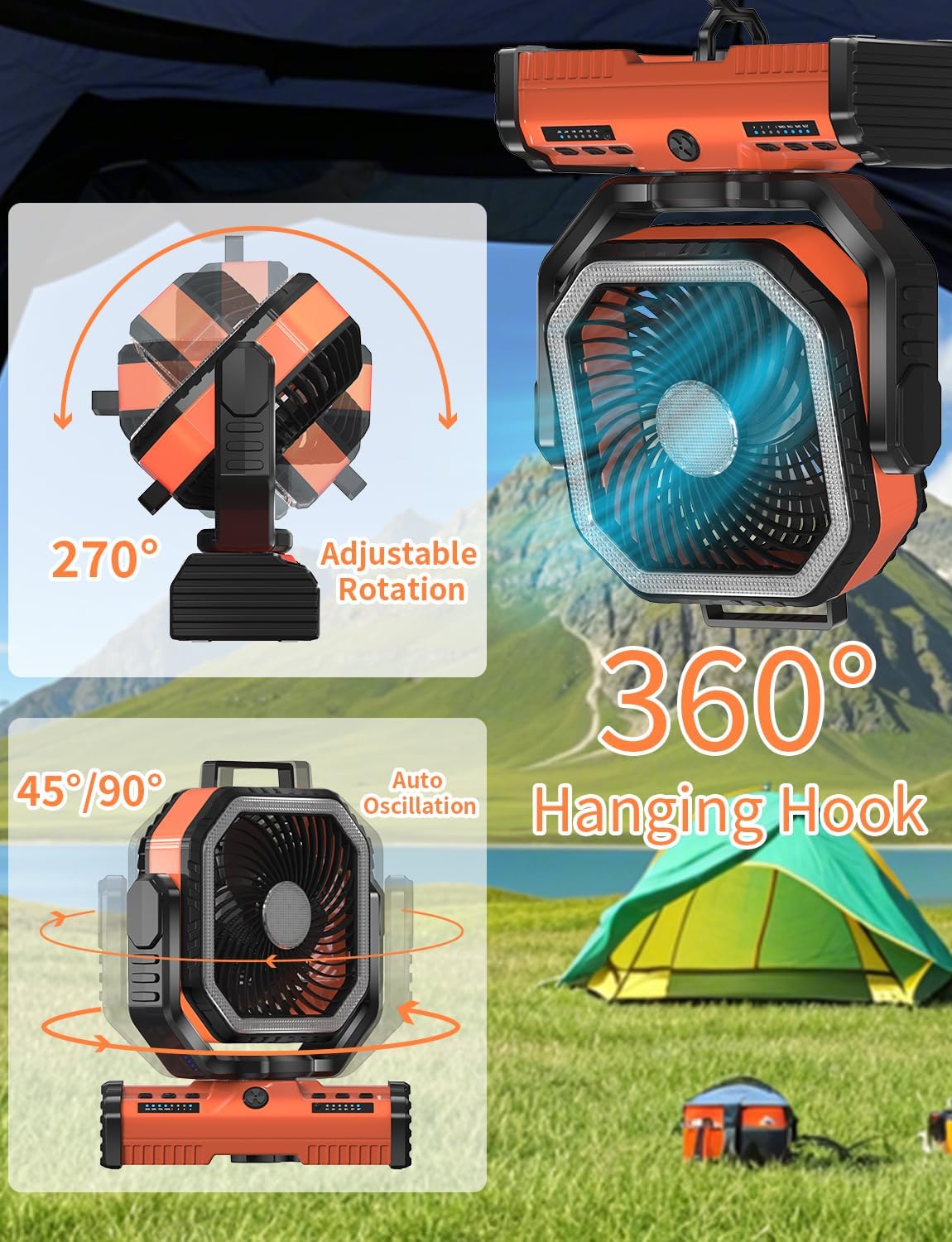12 Inch Portable Camping Fan, 40000mAh Rechargeable Battery Powered Fan with 4 Speeds Wind and LED Light 140H, Cool & Warm Light and SOS Mode, Auto Oscillating, 360° Rotating Hang Hook(Orange)