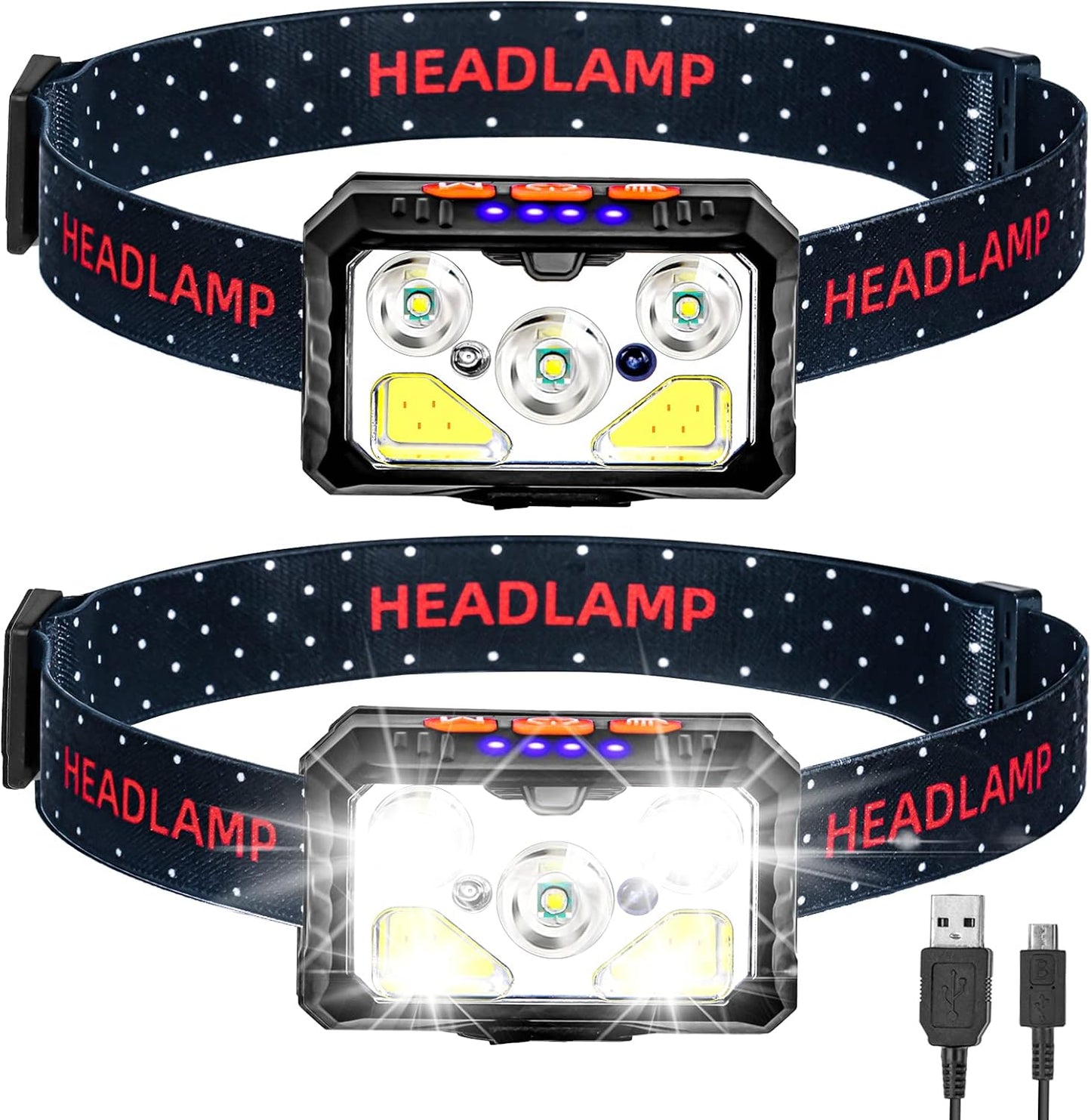 Kitness 2 Pack Digits Sensor Headlamp 6 Light Mode LED Rechargeable Headlight 1100 Lumens USB Head Lamp Flashlight Waterproof Headlamps with Motion Sensor for Outdoors