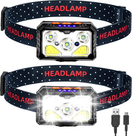 Kitness 2 Pack Digits Sensor Headlamp 6 Light Mode LED Rechargeable Headlight 1100 Lumens USB Head Lamp Flashlight Waterproof Headlamps with Motion Sensor for Outdoors