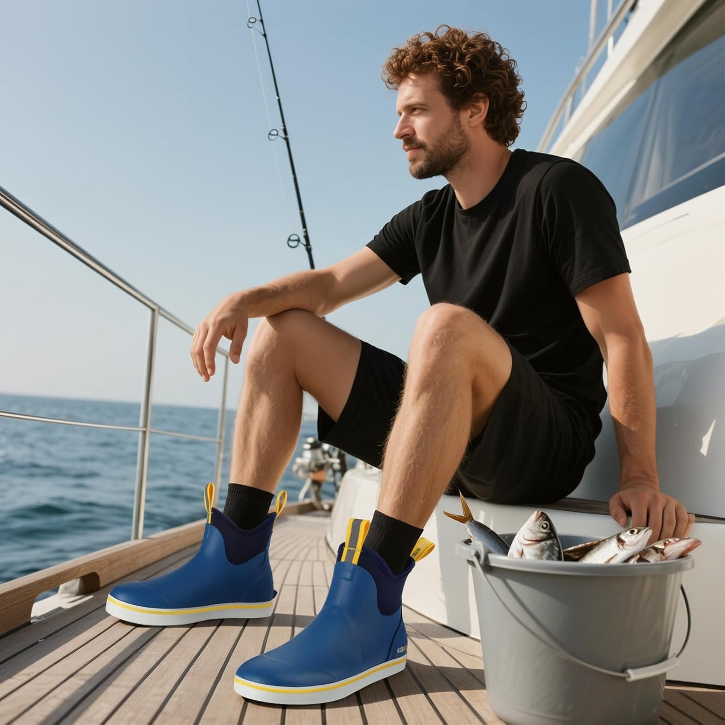 Kalkal Men's Deck Boots, Waterproof Fishing Rain Boots with High Traction, Men's Rubber Boots For Gardening Fishing Boating Camping Sailing