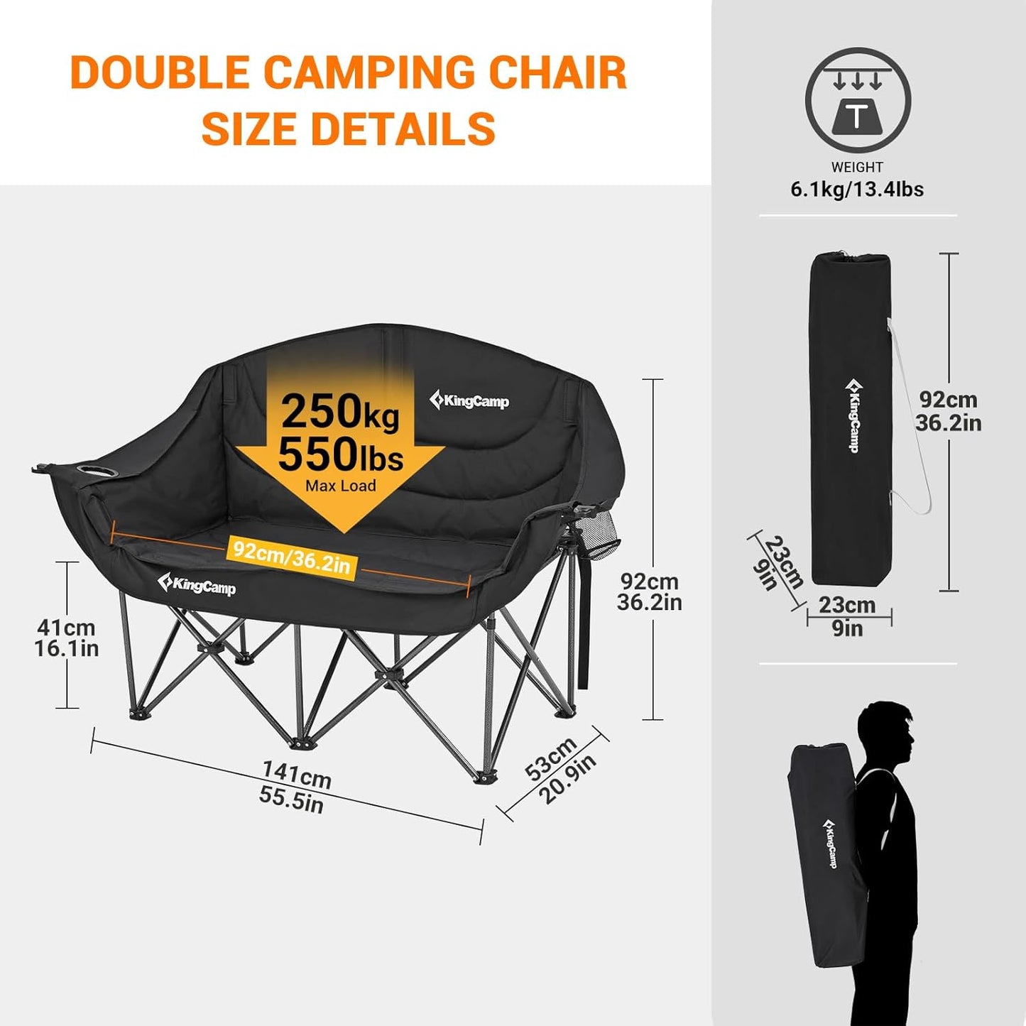 KingCamp Double Camping Chair, Oversized Heavy Duty 550lbs Loveseat for Adults Portable Folding XL 2 Person Couch Padded Comfortable Two Seat with Cup Holder for Outdoor Lawn Backyard, Black/Grey