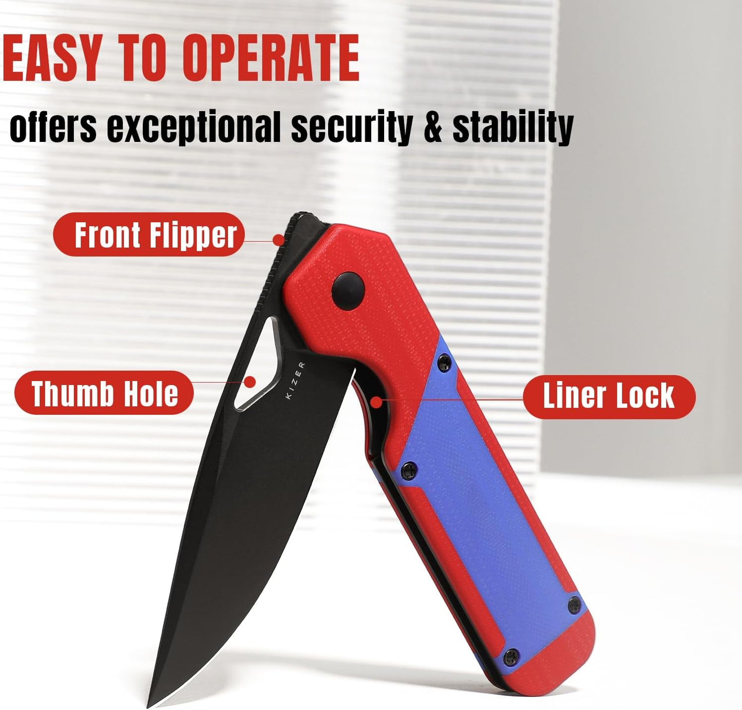 Kizer Militaw EDC Pocket Knife, 3.36'' Nitro V Blade Folding Knife, Red & Blue G10 Handle with Pocket Clip, Thumb Hole & Front Flipper Opener, Camping Hunting Knife for Men Women Gift V3634A2