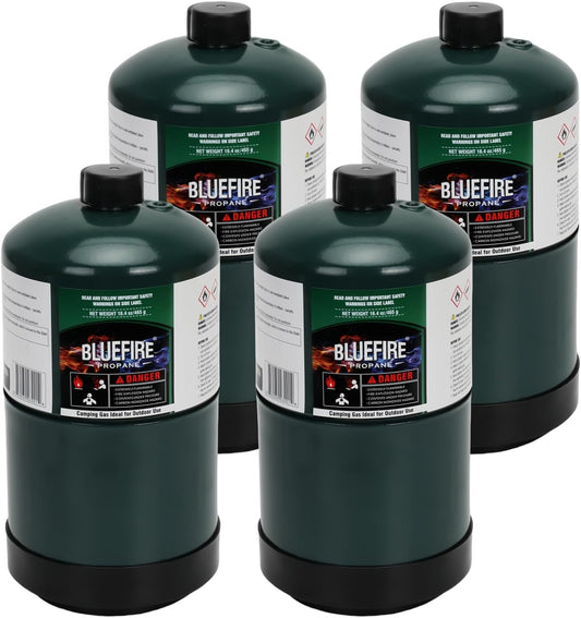KOMAN BLUEFIRE 1lb Propane Tank Camping Propane Tank Pack of 4 Portable Canister Propane Gas Tank Small Propane Tanks for Camping Stove Outdoor Backpack Mini Burner Heater Cooking Torch Lamp