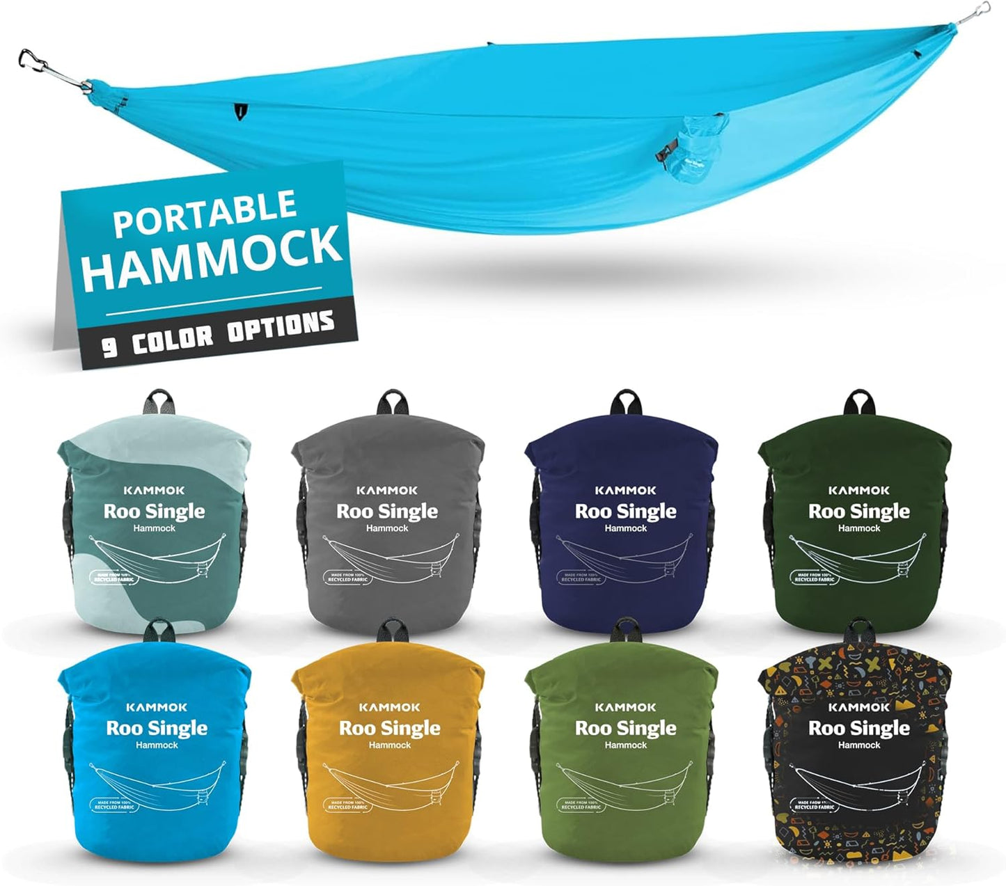 KAMMOK: Roo Single Hammock | Made from Strong & 100% Recycled Water Resistant Ripstop Fabric | Comfortable, Packable, Lightweight (Lifetime Adventure Grade Warranty), Sky Blue