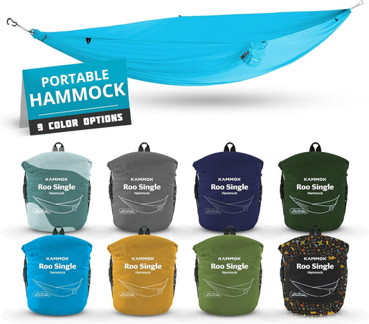 KAMMOK: Roo Single Hammock | Made from Strong & 100% Recycled Water Resistant Ripstop Fabric | Comfortable, Packable, Lightweight (Lifetime Adventure Grade Warranty), Sky Blue