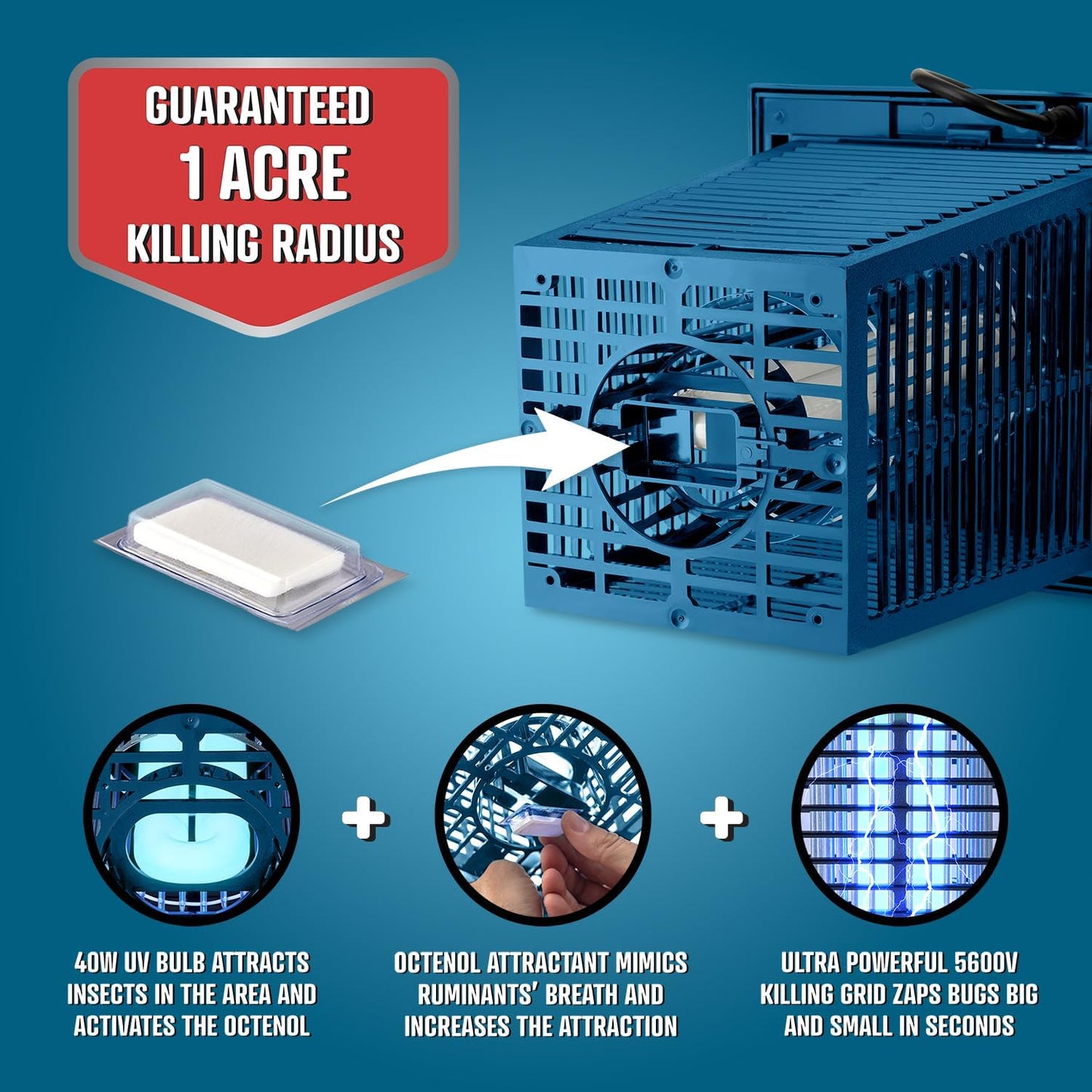 Flowtron Bug Zapper, 1 Acre of Outdoor Coverage with Powerful 40W Bulb & 5600V Instant Killing Grid, Electric Insect, Fly & Mosquito Zapper, Made in The USA - Blue Color