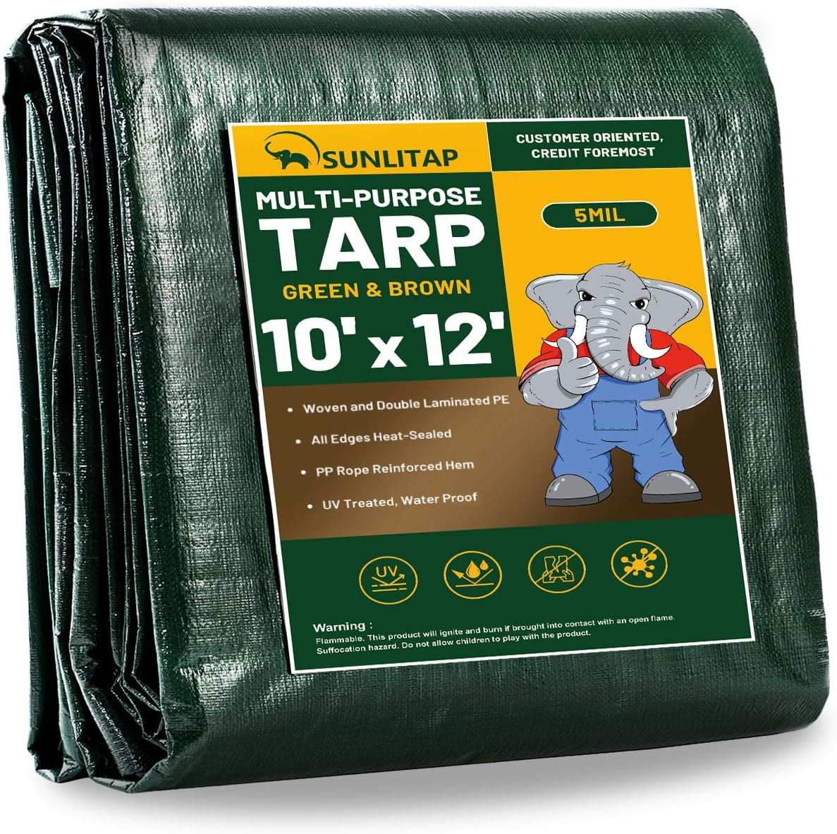 10x12Ft Tarp Cover 5 MIL Waterproof Poly Tarps, Light Duty Tarpaulin with Grommets, Reinforced Edges, Rip & Tear Proof, Multipurpose Finished Size Tarp for Cars, Boat, Roof, Camping - Green