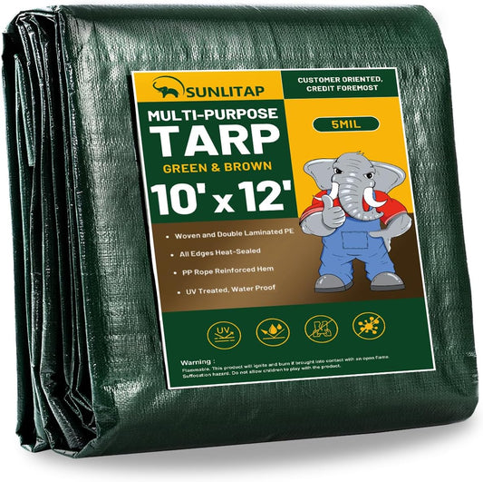 10x12Ft Tarp Cover 5 MIL Waterproof Poly Tarps, Light Duty Tarpaulin with Grommets, Reinforced Edges, Rip & Tear Proof, Multipurpose Finished Size Tarp for Cars, Boat, Roof, Camping - Green