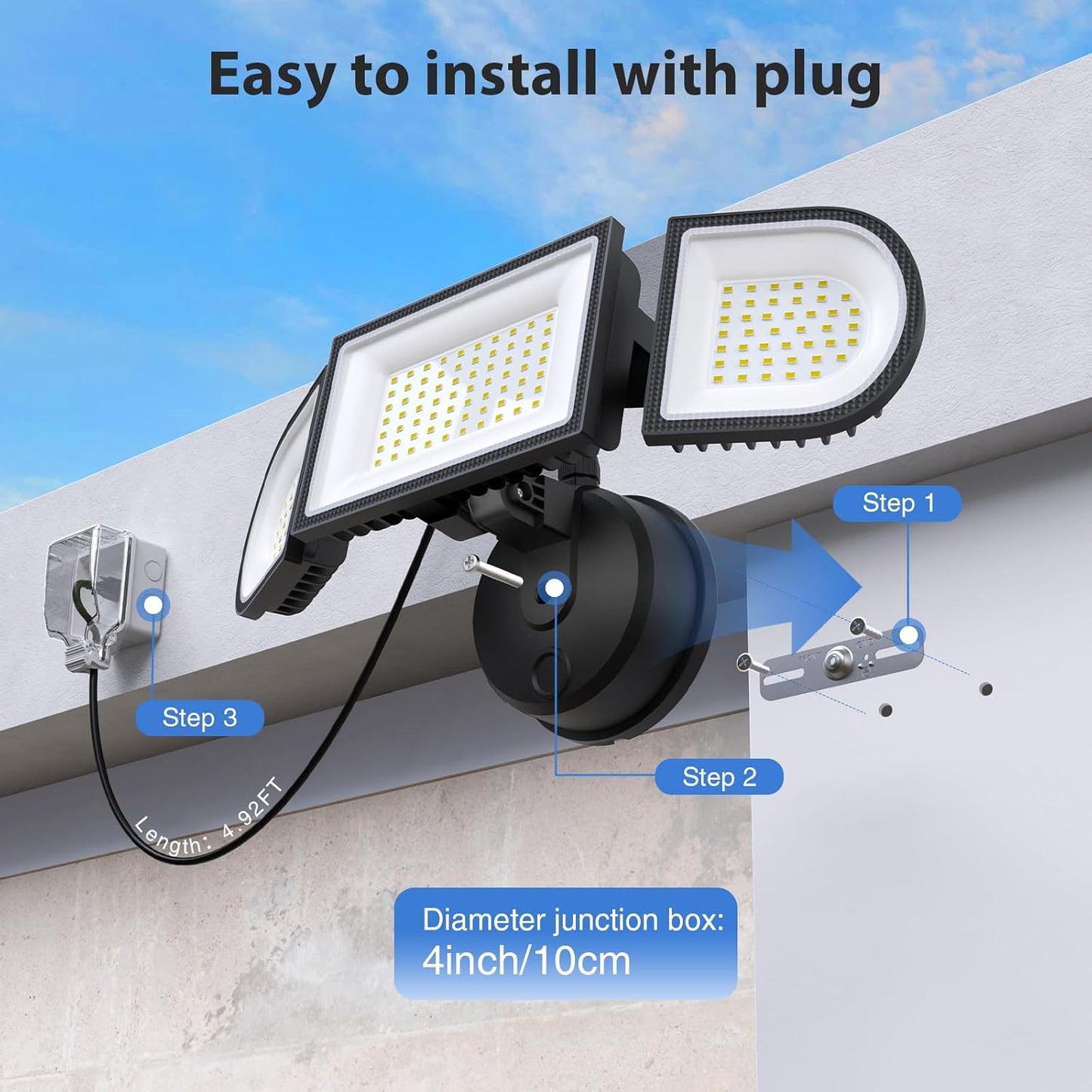 150W LED Flood Light Outdoor Plug in, Exterior Flood Lights with 3 Adjustable Heads, 15000LM Super Bright Security Lights Fixture, Outside Floodlights for House,Backyard,Garage