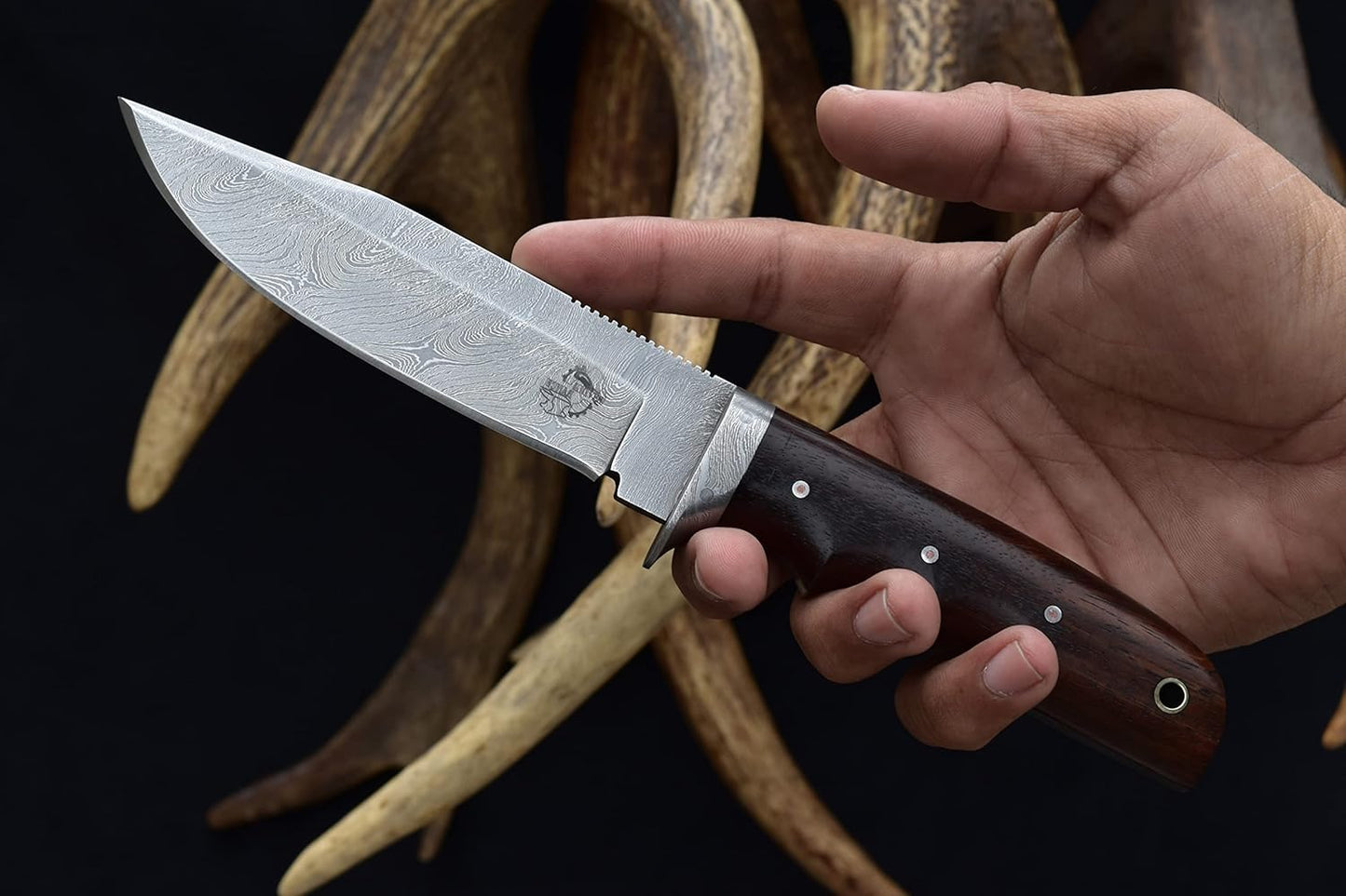 Knives Ranch 9-1/2" Handmade Hunting Knife- Full Tang Damascus Bushcraft Camping Knife- Rosewood Handle-Heavy Duty Leather Sheath (2151-IRW)