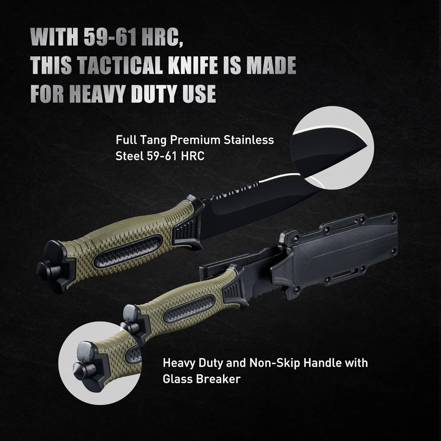 10" Fixed Blade Tactical Knives with Sheath and Clip, Stainless Steel Survival Hunting Bushcraft Full Tang Non-Slip Handle Knife for Camping, Hunting, Adventure, Outdoors, EDC，Military Green