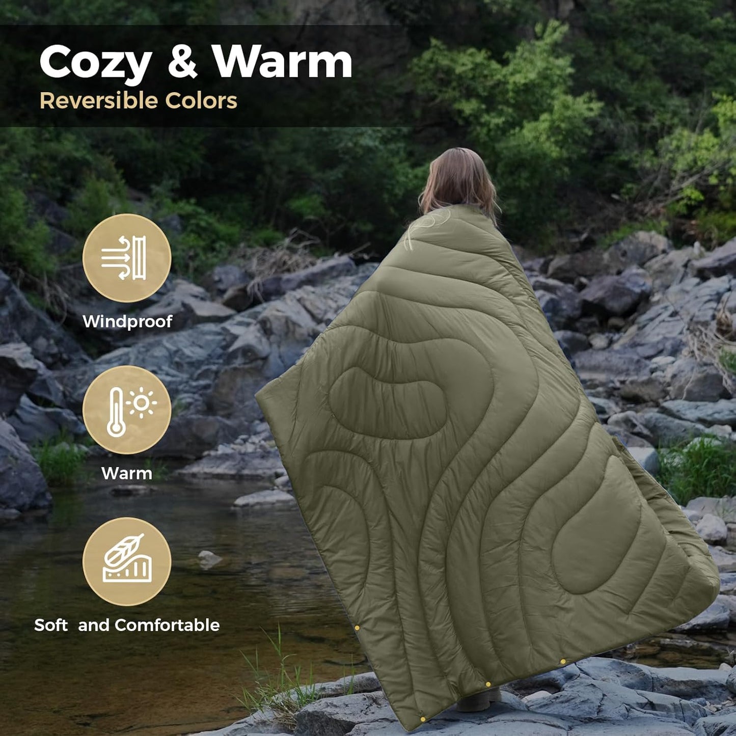 KingCamp Ultralight Camping Blanket, Packable Down Alternative Puffy Wearable Blankets Weatherproof Warm Package Quilt with Snap Buttons & Corner Loops for Outdoor Travel Stadium (69"L x 53"W, GREEN)