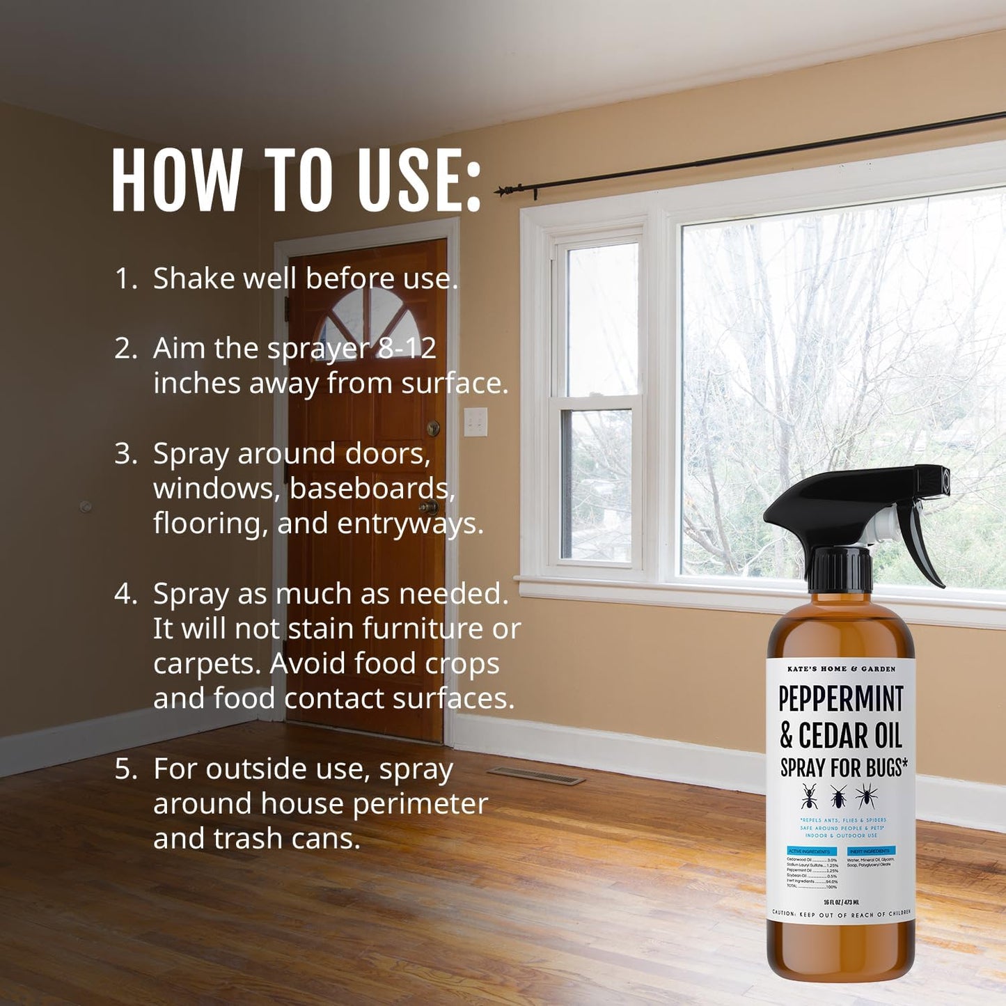 Kate's Home & Garden Peppermint Oil Spray for Bugs, Ants, Insects, Spiders, Roaches, Stink Bug. Pesticide and Insecticide Indoor Repellent Pest Control with Cedar Oil (16oz, Natural, Non Toxic)