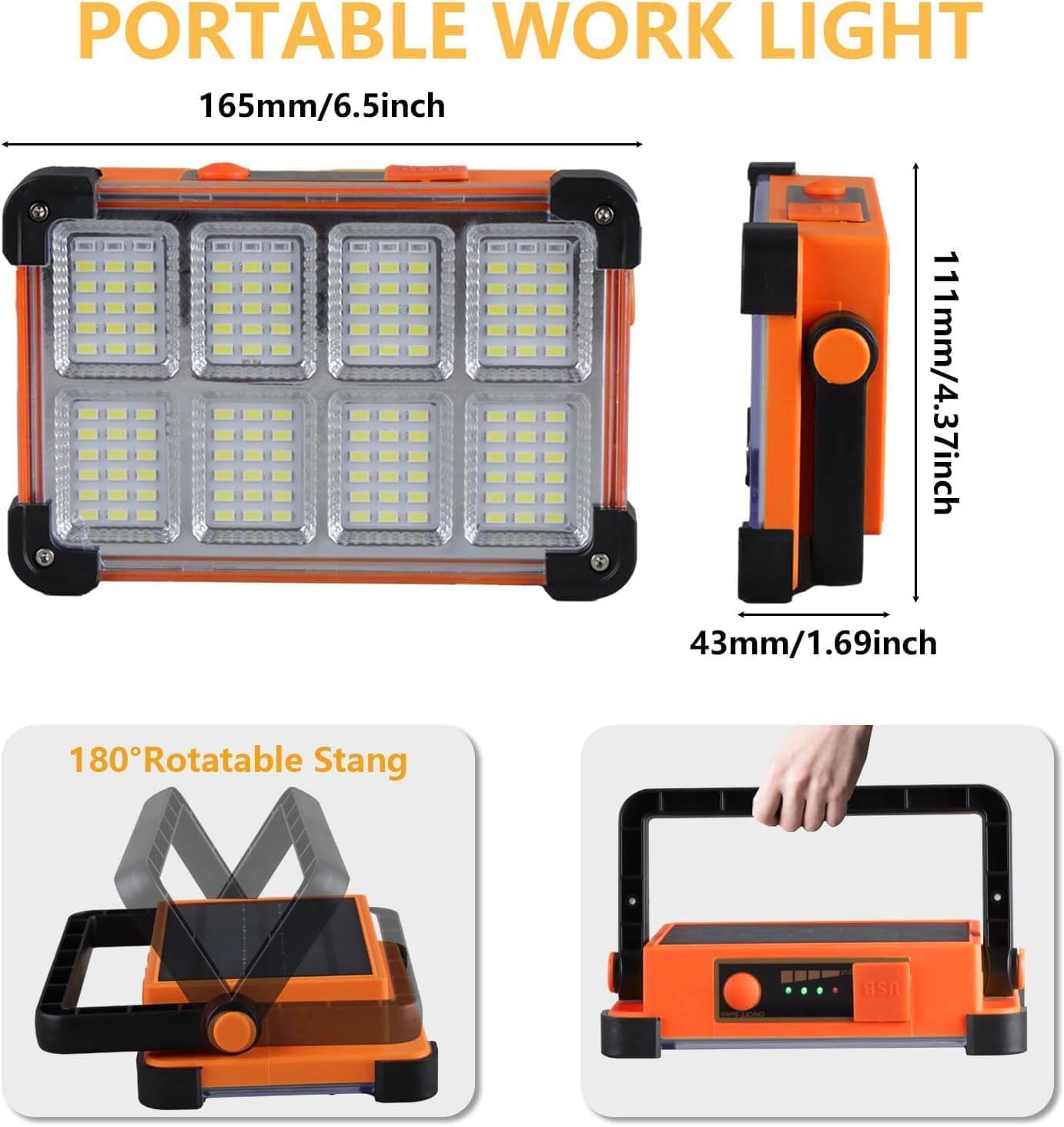 120W Solar Rechargeable Work Light, 144 LED 10000LM Portable Flood Light with Stand, IP66 Waterproof 4 Modes LED Job Site for Mechanic Camping Fishing Car Repair (Orange 1 Pack)