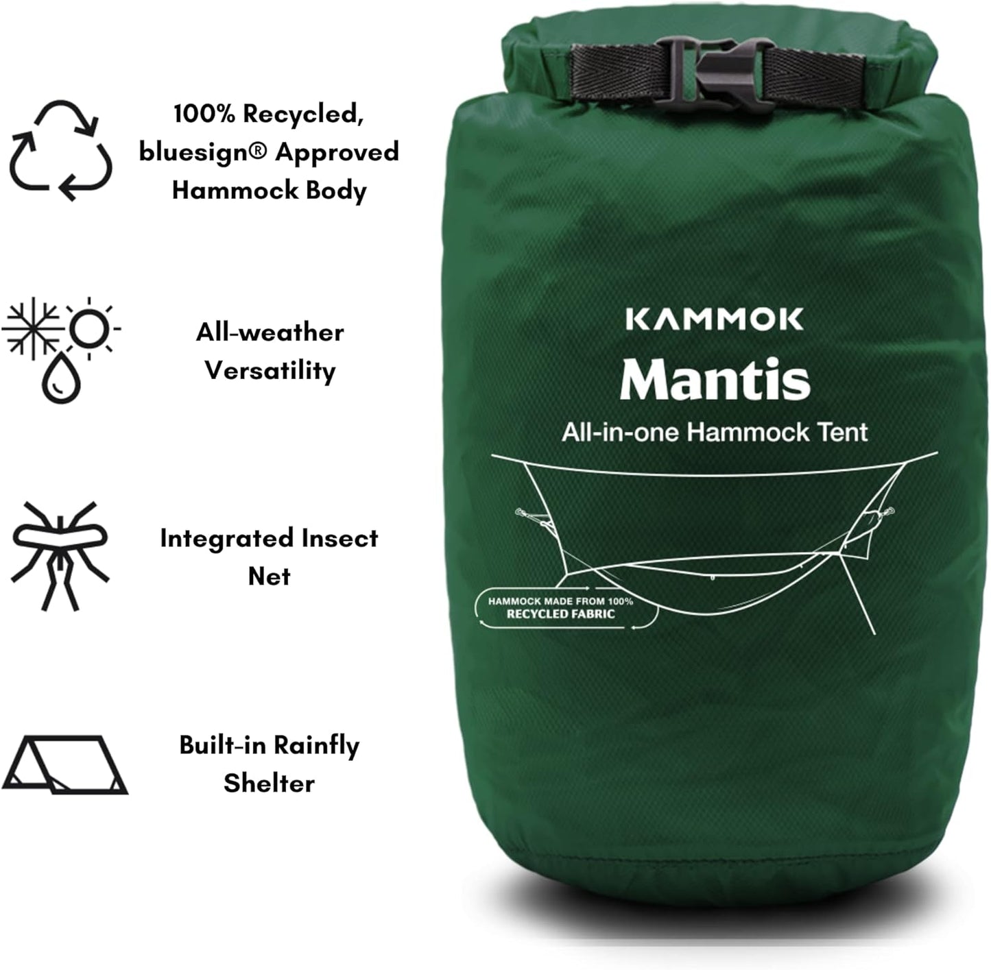 KAMMOK Mantis Hammock, All Seasons, Mosquito Net, Storage Bag, Camping, Outdoor Activities - Pine Green