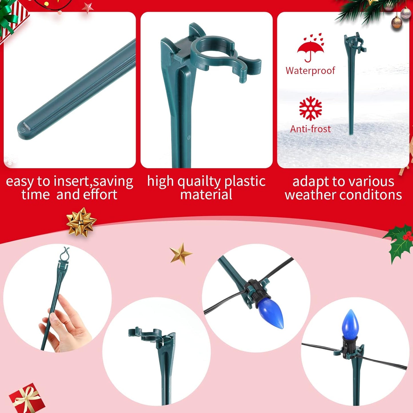 Jetec 150 Pieces Christmas Light Stakes Universal Yard Lawn Holiday 7.5 Inches Light Ground Stakes for C7 C9 String Lights Christmas Outdoor Lights Holders on Yards, Driveways (Green)