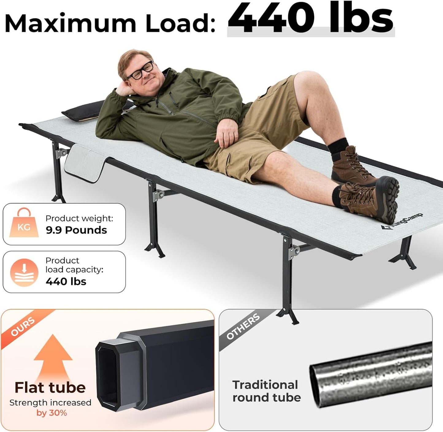 KingCamp Oversized Camping Cot, Folding 440lbs Heavy Duty Portable Lightweight Ultralight XL Large Wide Military Army Sleeping Bed for Adult Backpacking Outdoor Travel Tent Overlanding, Black/Grey