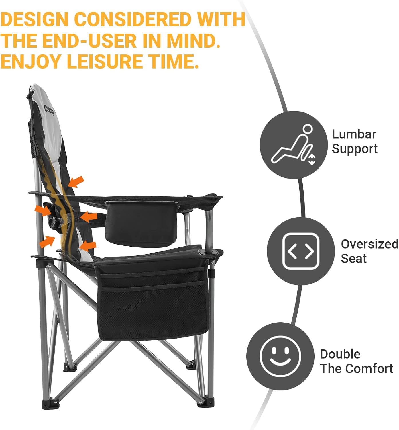 KingCamp Folding Portable Camping Chairs Oversized Padded Quad Arm Chair with Cooler Bag, Cup Holder and Side Pocket, Heavy Duty Supports 300 lbs for Outdoor, Lawn, Fishing, Sports