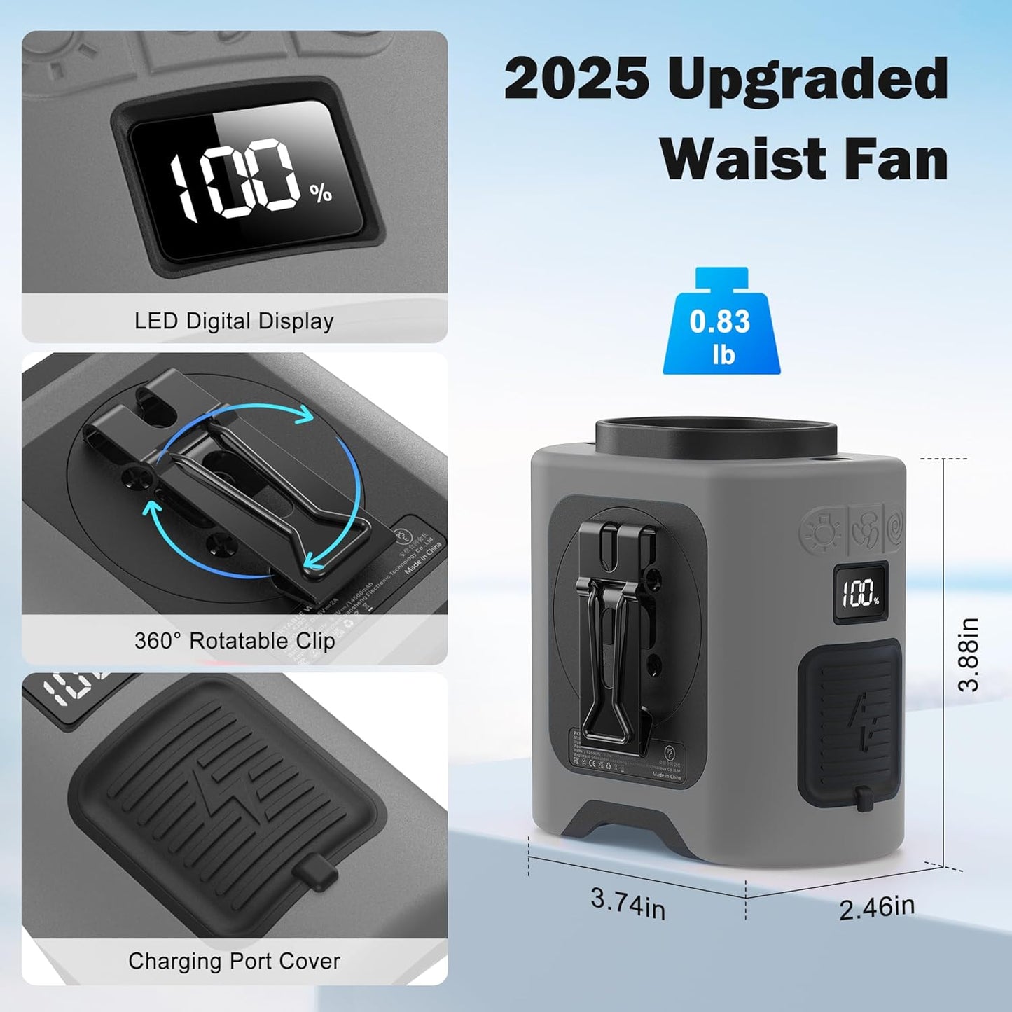 KITWLEMEN 14500mAh Portable Waist Fan - Personal Clip on Belt Fan, 5 Speed 67H Cooling, Rechargeable Battery Operated, Wearable with Lanyard & Light for Camping, Travel, Jobsite (Gray)