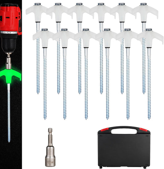 12 Pack Screw in Tent Stakes Heavy Duty,8 ’’ Ground Anchors Screw in,Metal Stakes with Hex Head Driver and Sturdy Storage Box. (12, Luminous White)