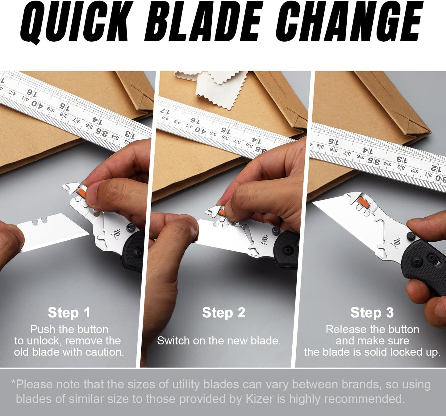 Kizer Uti Bear(Tool-Free Version) Folding Utility Knife, Quick Change Box Cutter EDC knife with 5PCS Razor Blades, Clutch Lock & Pocket Clip Small Pocket Knives for Men Women V3619JM2