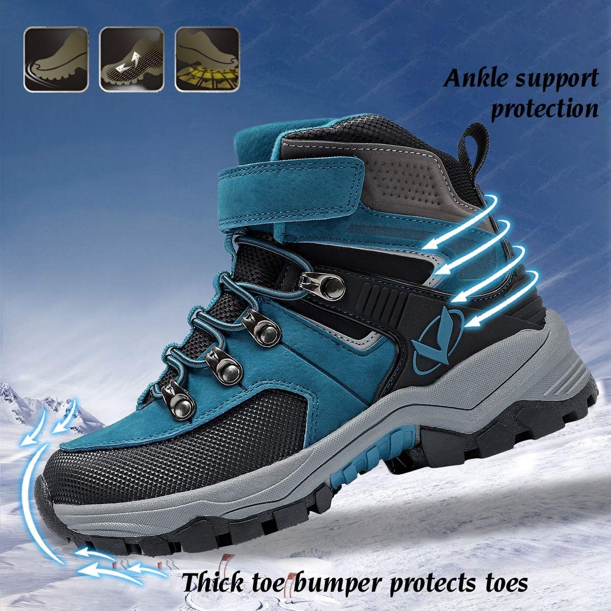 JMFCHI Kids Hiking Boots Boys Girls Outdoor Walking Climbing Sneaker Comfortable Non-slip Snow Shoes Hiker Boot Antiskid Steel Buckle Sole