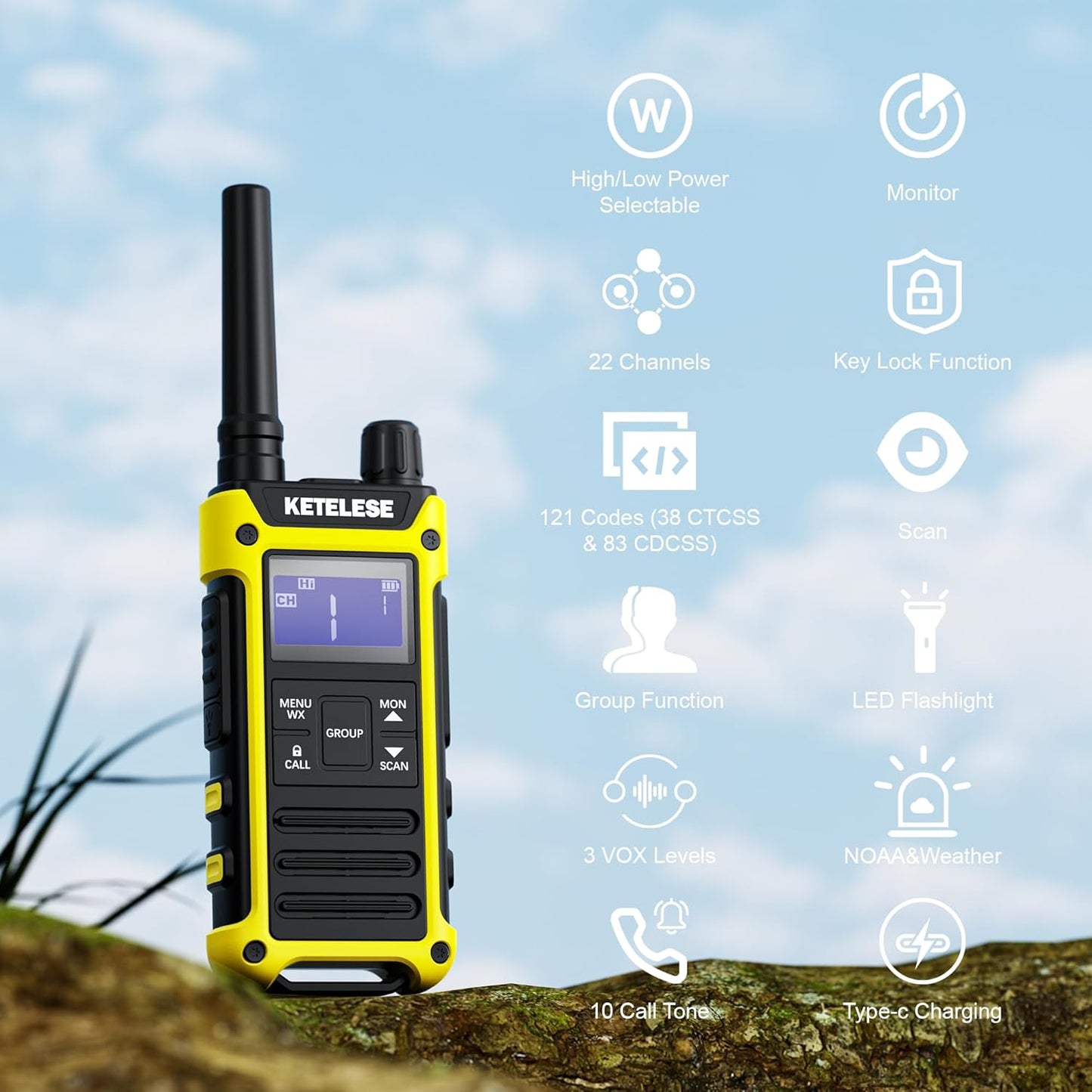 KETELESE T3F IP67 Waterproof Walkie Talkies, FRS Two Way Radio with Earpiece, Triple Proof, Three Charging Options, USB/Type C Radio, NOAA, VOX (2 Pack), Black/Yellow