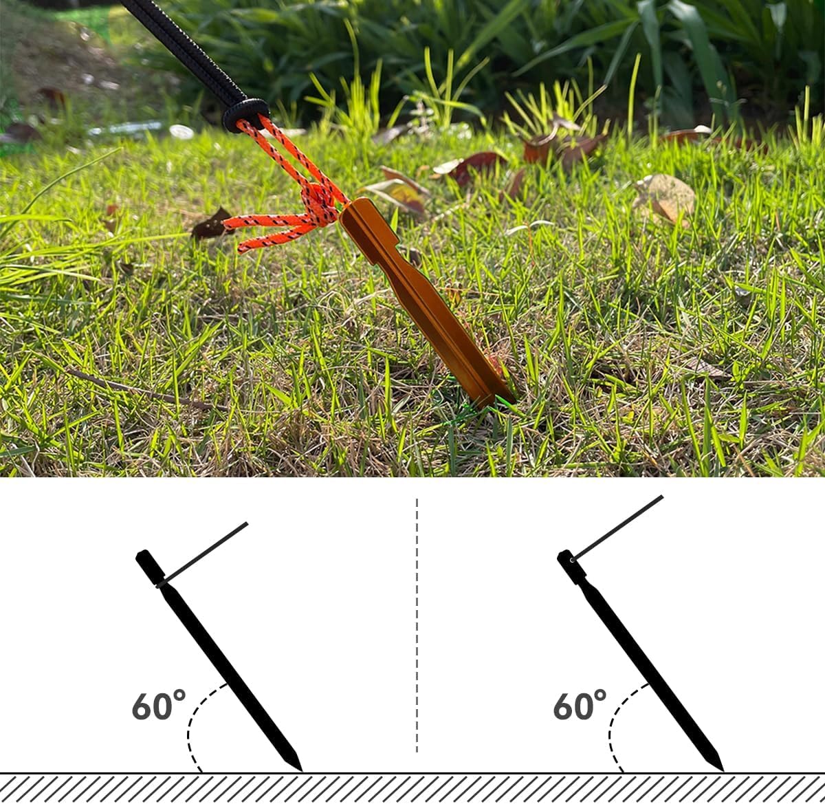 12 Pack Tent Stakes, 7-inch Ultralight Aluminum Ground Pegs with Reflective Pull Ropes, Tri-Beam Stake in a Carrying Bag, for Camping, Backpacking, Hiking, Hammocks and Canopy (Orange)