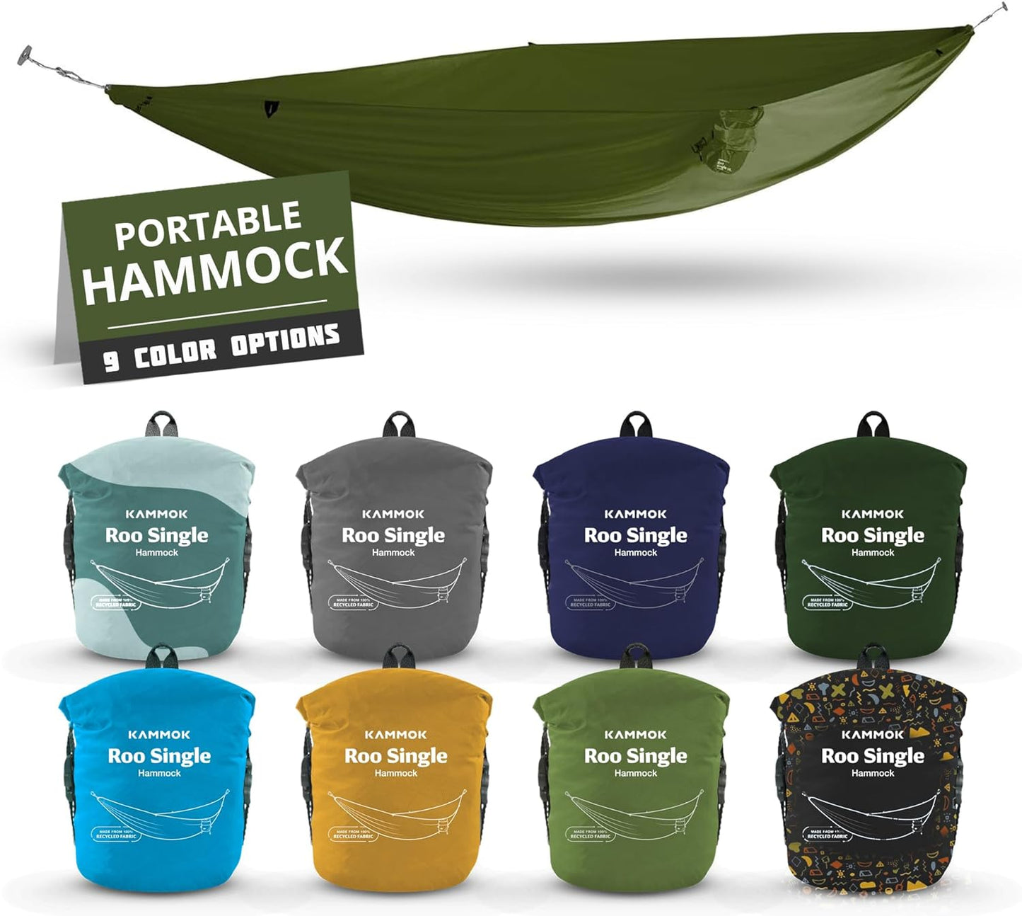 KAMMOK Roo Single UL - Ultralight Camping Hammock, Water Repellent, Portable, Durable, Indoor/Outdoor Hammock Moss Green