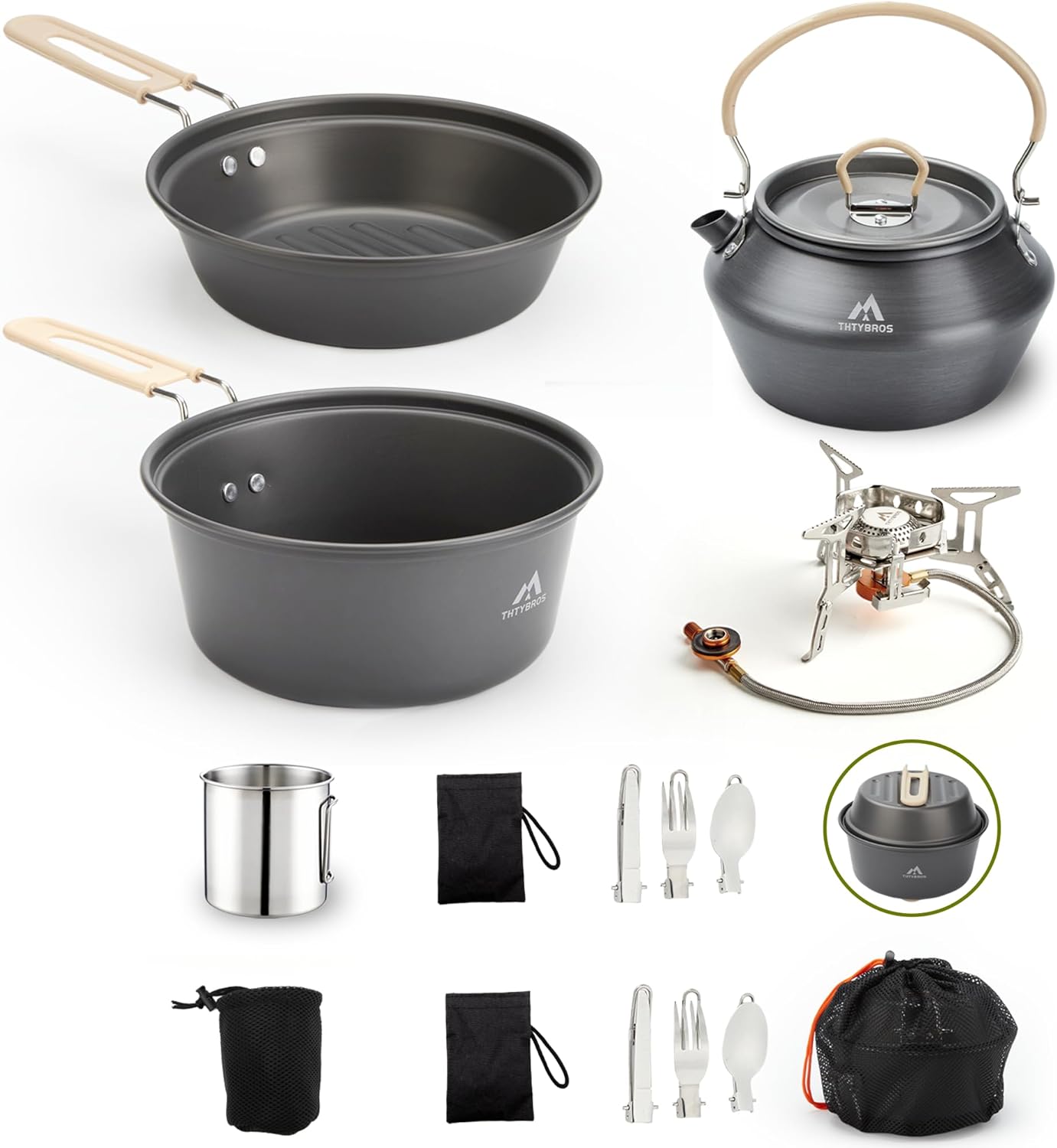 17pcs Camping Cookware Kit, 0.45Gal Pot, 7inches Pan,0.30Gal Kettle Set with 2 Set Stainless Steel Cups Plates Forks Knives Spoons for Hiking