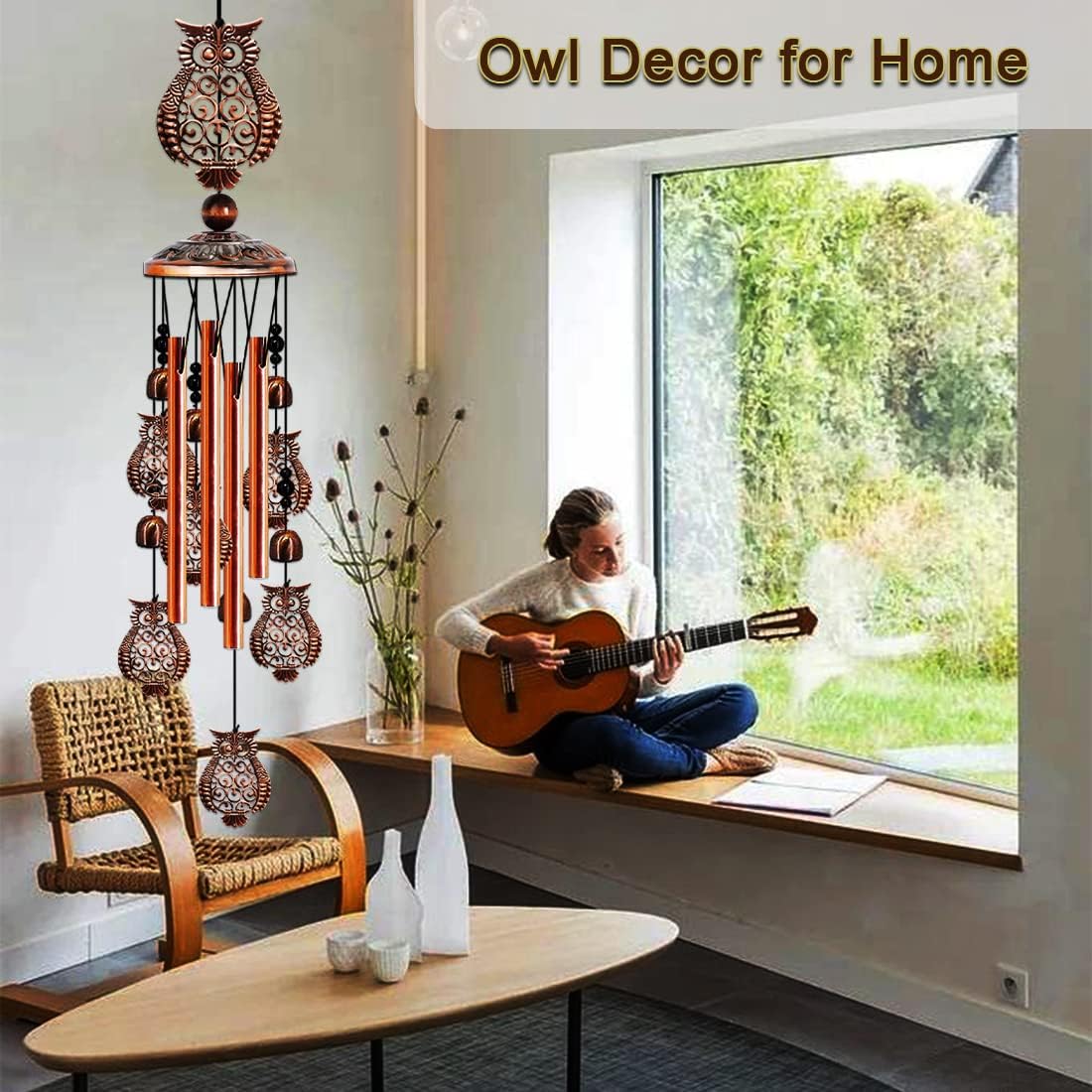 JUNQIU Owl Wind Chimes for Outside, Owl Gifts for Women - 35In Owls Decor Windchime, Gifts for Women, Mom