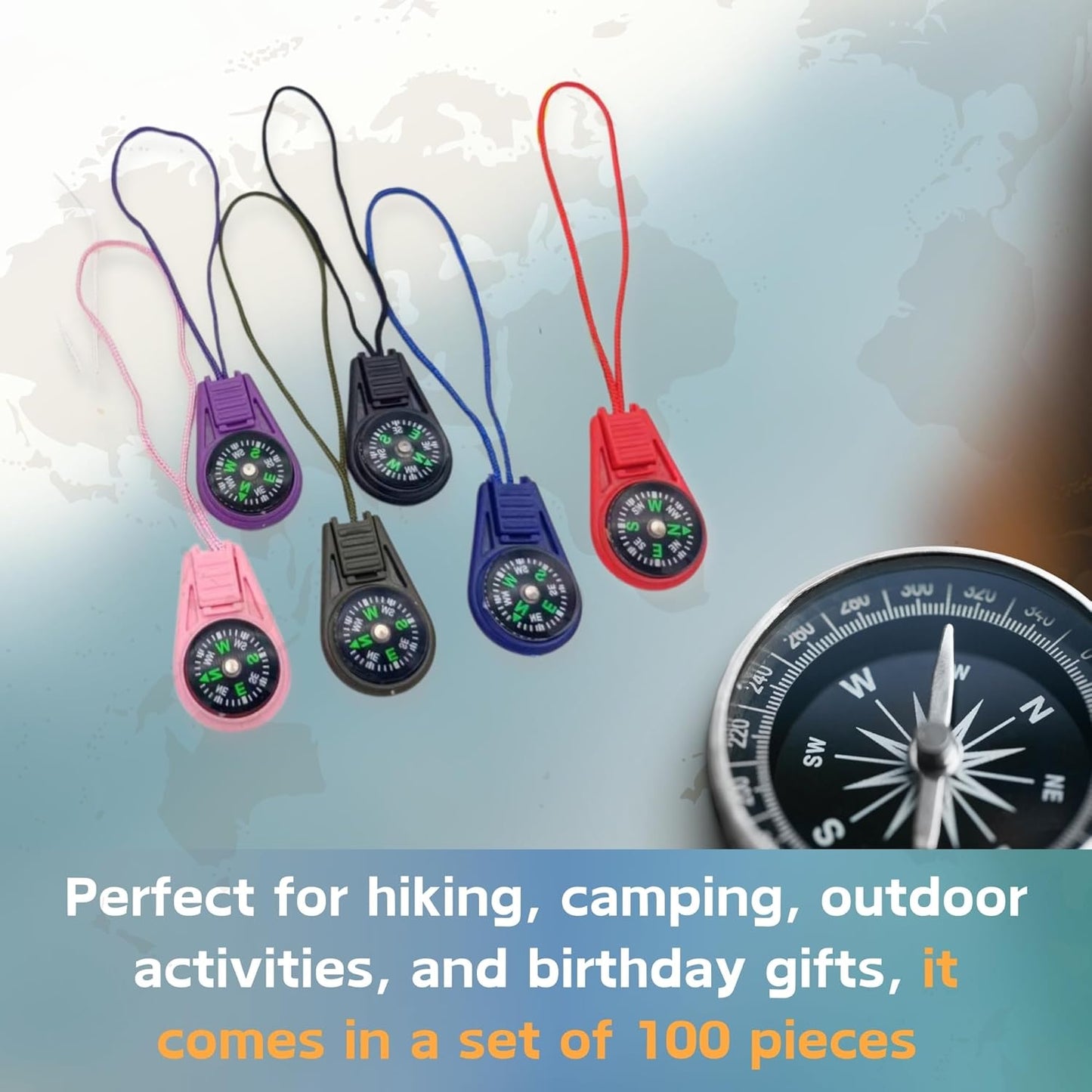 100 Pack Colorful Mini Compasses for Camping Hiking Outdoor and Scout Adventures Bulk Compass Cord Pocket Sized Party Favors