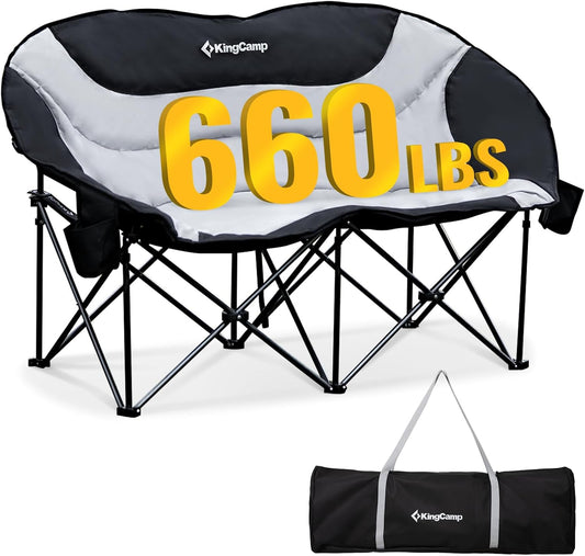 KingCamp Double Camping Chair, Oversized 660lbs Heavy Duty Loveseat for Adults Portable Folding XL 2 Person Moon Couch Padded Comfortable Two Seat with Cooler Bag for Outdoor Lawn, Saucer Chair