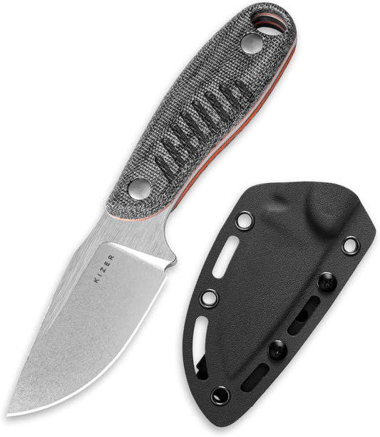 Kizer Hare Fixed Blade Knife with Sheath, 3.14" Nitro V Blade EDC Hunting Knife with Black Micarta and Orange G10 Handle, Small Bushcraft Neck Knives, Camping Knives for Men Women, 1077A2