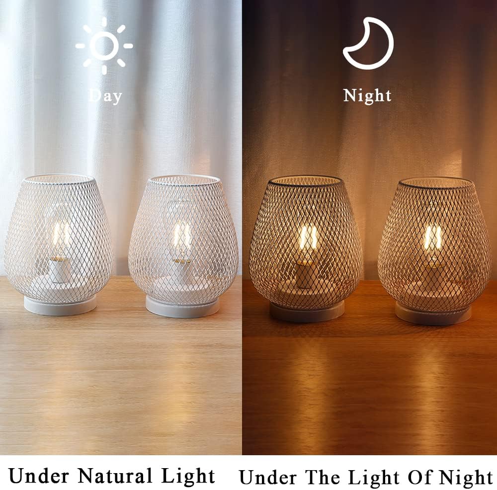 JHY DESIGN Set of 2 Metal Cage LED Lanterns Battery Powered Cordless Accent Light with LED Great for Weddings Parties Patio Events for Indoors Outdoors(White)
